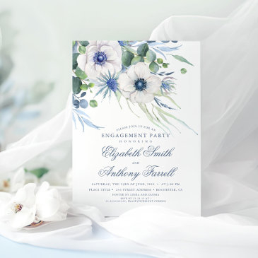 dusty blue floral greenery engagement party invitation