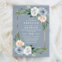 Small Dusty Blue Gold Blush Pink Peach Floral Wedding Invitation Front View