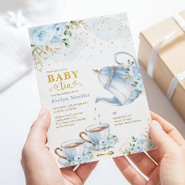 Small Dusty Blue Gold Floral Boy Baby Shower Tea Party Invitation Front View