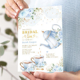 Small Dusty Blue Gold Floral Bridal Shower Tea Party Invitation Front View