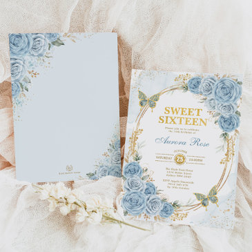 dusty blue gold roses sweet sixteen birthday invitation