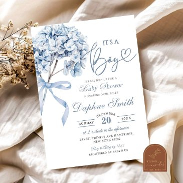 dusty blue hydrangea baby shower invitation