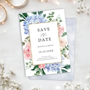 dusty blue hydrangeas pastel pink roses wedding save the date