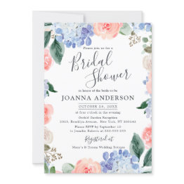 Small Dusty Blue Hydrangeas Pink Roses Bridal Shower Inv Invitation Front View