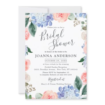 dusty blue hydrangeas pink roses bridal shower inv invitation