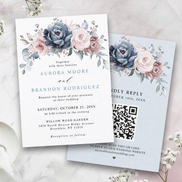 dusty blue mauve rose pink slate floral wedding invitation