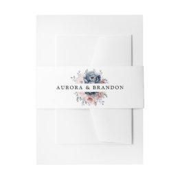 Small Dusty Blue Mauve Rose Pink Slate Floral Wedding Invitation Belly Band Front View