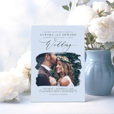 dusty blue modern boho wedding photo invitation