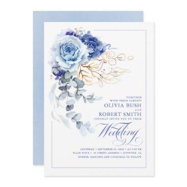 dusty blue & navy blue boho gold floral wedding invitation