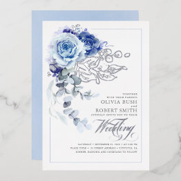 Small Dusty Blue & Navy Blue Floral Boho Wedding Foil Invitation Front View