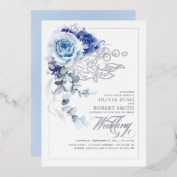 dusty blue & navy blue floral boho wedding foil invitation