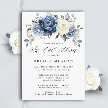 dusty blue navy champagne ivory bridal shower invitation