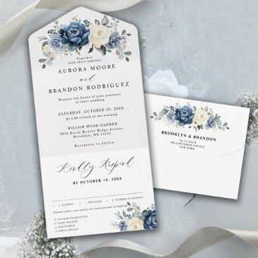 dusty blue navy champagne ivory floral wedding all in one invitation
