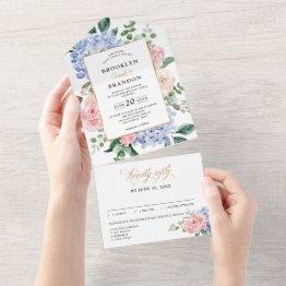 Small Dusty Blue Pastel Pink Hydrangeas Floral Wedding All In One Invitation Front View