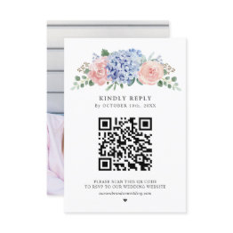 Small Dusty Blue Pastel Pink Hydrangeas Wedding Qr Code Rsvp Invitations Front View