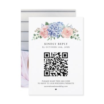 dusty blue pastel pink hydrangeas wedding qr code rsvp invitations