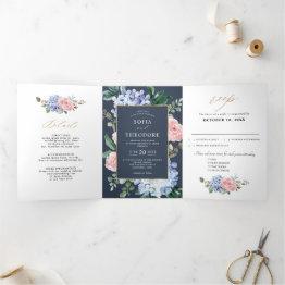 Small Dusty Blue Pastel Pink Hydrangeas Wedding Tri-fold Announcement Front View
