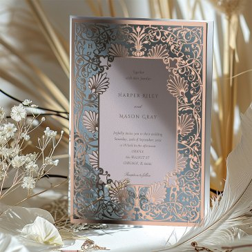 dusty blue & rose quartz vintage wedding foil invitation