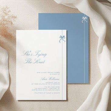 dusty blue she's tying the knot bow bridal shower invitation