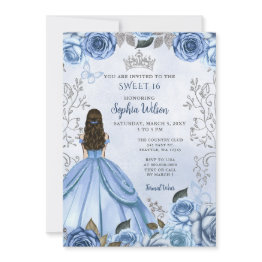 Small Dusty Blue Silver Floral Princess Sweet 16 Invitation Front View