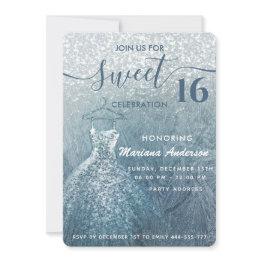 Small Dusty Blue Snow Winter Wonderland Sweet 16 Invitation Front View