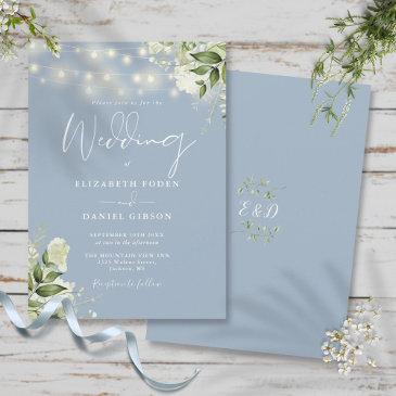 dusty blue string lights floral monogram wedding invitation