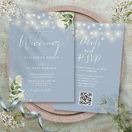 Small Dusty Blue String Lights Floral Qr Code Wedding Invitation Front View