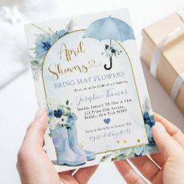 Small Dusty Blue Umbrella April Showers Baby Shower Invitation Front View
