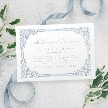 dusty blue vintage frame elegant rehearsal dinner invitation