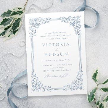 dusty blue vintage frame elegant wedding invitation