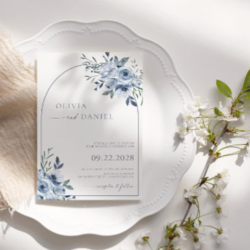 dusty blue watercolor floral arch wedding invitation