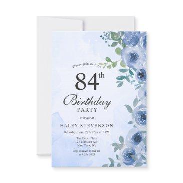 dusty blue watercolor floral chic 84th birthday invitation