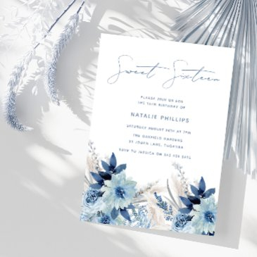 dusty blue watercolor florals sweet 16 birthday invitation