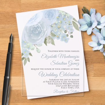 dusty blue watercolor roses elegant arch wedding acrylic invitations