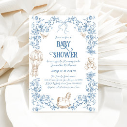 Small Dusty Blue Whimsical Floral Baby Shower Invitation Front View
