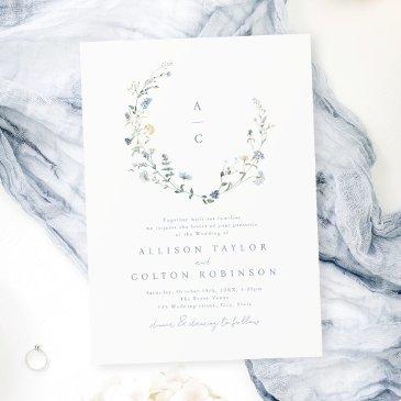 dusty blue wildflower rustic boho wedding monogram invitation