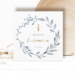 Small Dusty Blue Wreath Confirmation | Small Size Invitation Front View