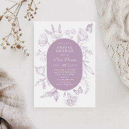 Small Dusty Lavender Line Art Floral Bridal Shower Invitation Front View