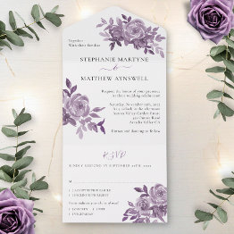 Small Dusty Mauve Floral Roses Foliage Wedding All In One Invitation Front View