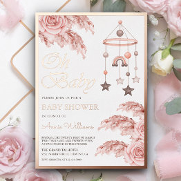 Small Dusty Pampas Boho Rainbow Baby Shower Rose Gold Foil Invitation Front View