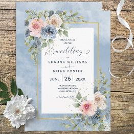 Small Dusty Pink Blue & White Roses Wedding Invitation Front View