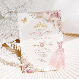 Small Dusty Pink Boho Floral Quinceañera 15th Birthday Invitation Front View