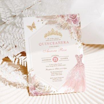 dusty pink boho floral quinceañera 15th birthday invitation