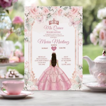dusty pink flowers & rose gold crown mis quince invitation