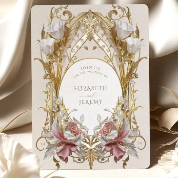 dusty pink & gold floral wedding invitation