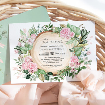 dusty pink rose garden botanical girl baby shower invitation