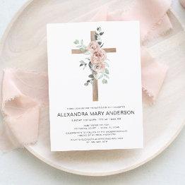 Small Dusty Pink Roses Cross Floral Baptism Invitation Front View
