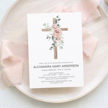 dusty pink roses cross floral baptism invitation