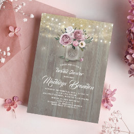 Small Dusty Rose Floral Mason Jar Rustic Bridal Shower Invitation Front View