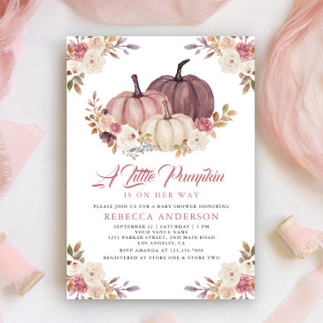 dusty rose pink floral pumpkin baby shower invitation